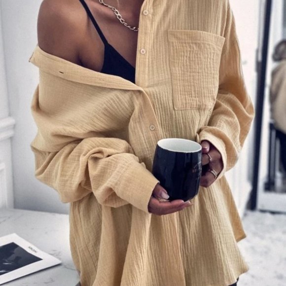 MODA ME COUTURE Tops - Casual Textured Pocket Patched button down Blouse khaki